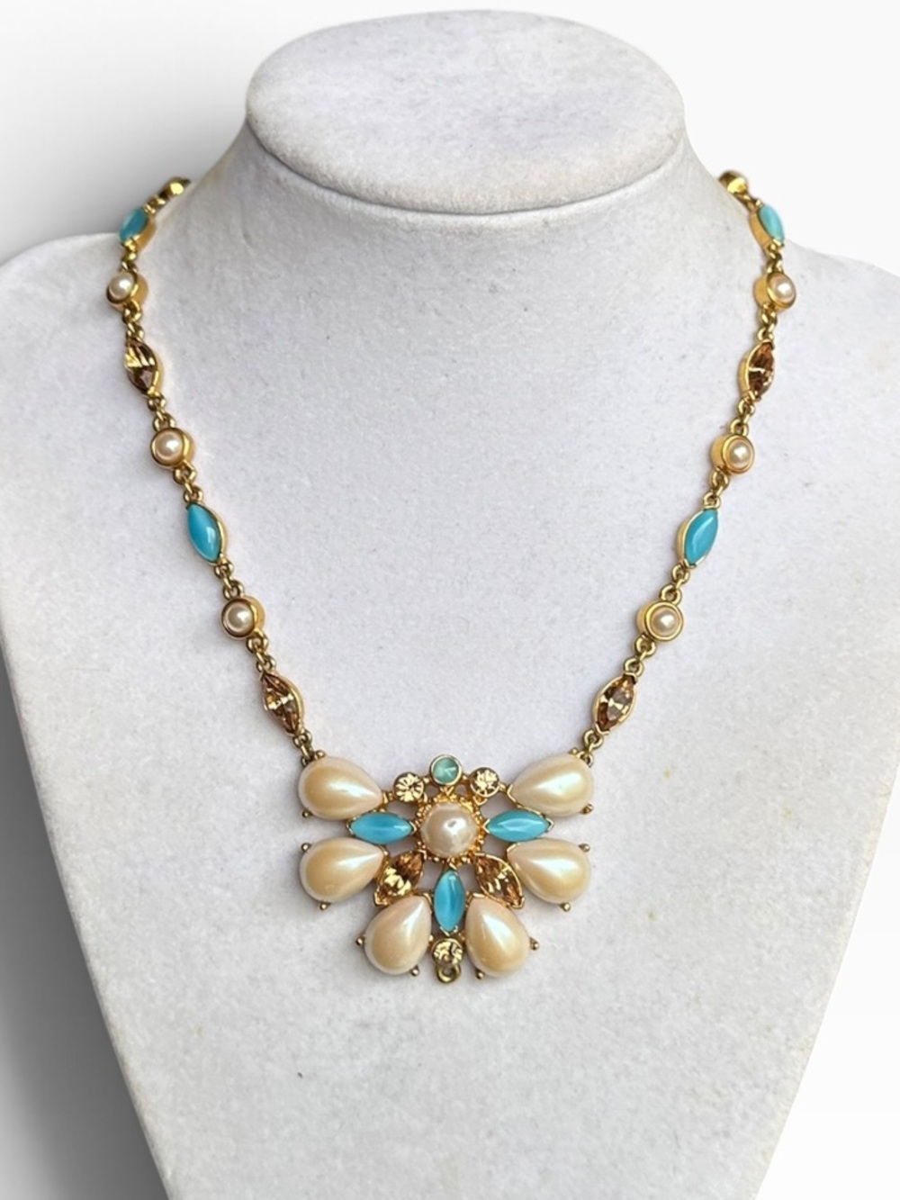 Vintage Faux Pearl Pendant Statement Necklace With Amber Glass And Blue Cabochon